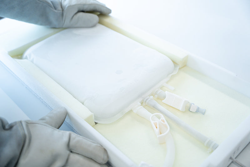 Close-up of a frozen RoSS Shell containing a single-use bioprocess container.