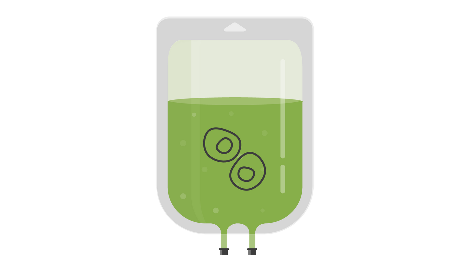 Green icon of a singe use bag with cells on a transparent background indicating cell therapy.