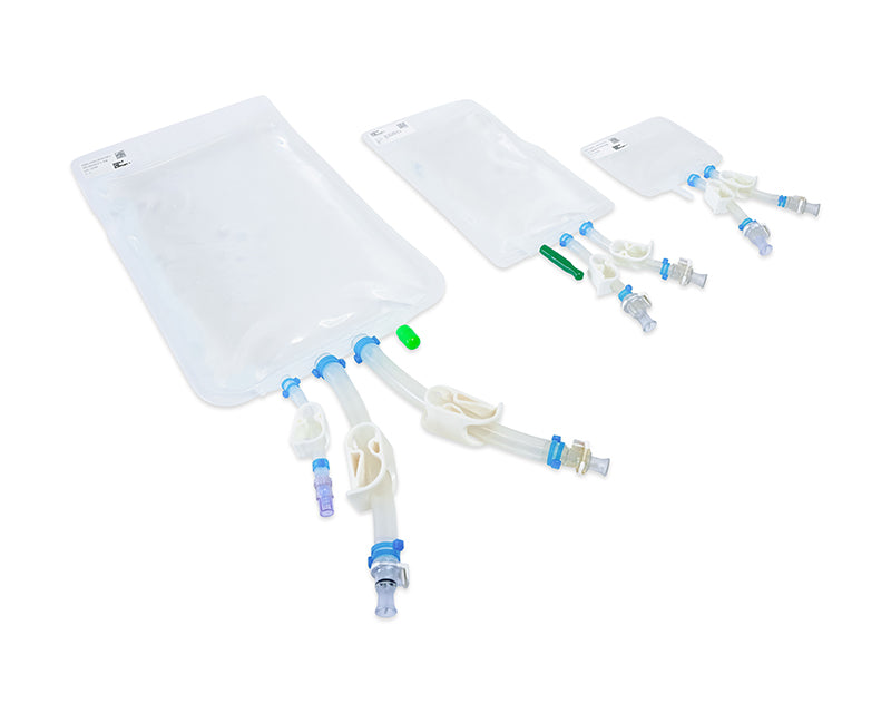 An image presenting three IRIS single-use bags manufactured by Single Use Support on a white background.
