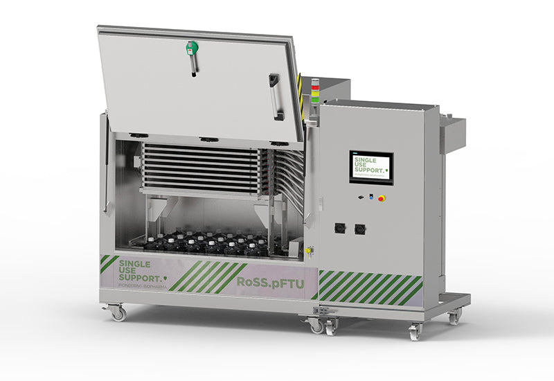 Image of freeze and thaw platform RoSS.pFTU Large-Scale Hybrid on a white background for freezing drug substances in single-use bioprocess containers and bottles.
