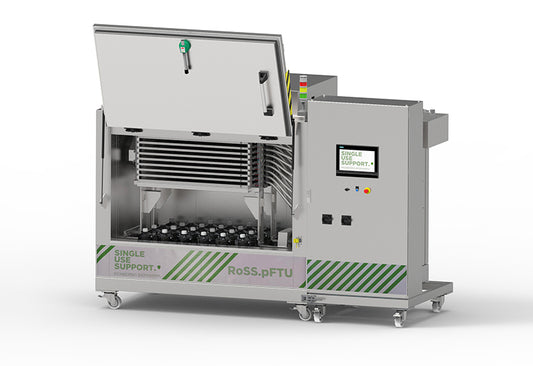 Image of freeze and thaw platform RoSS.pFTU Large-Scale Hybrid on a white background for freezing drug substances in single-use bioprocess containers and bottles.