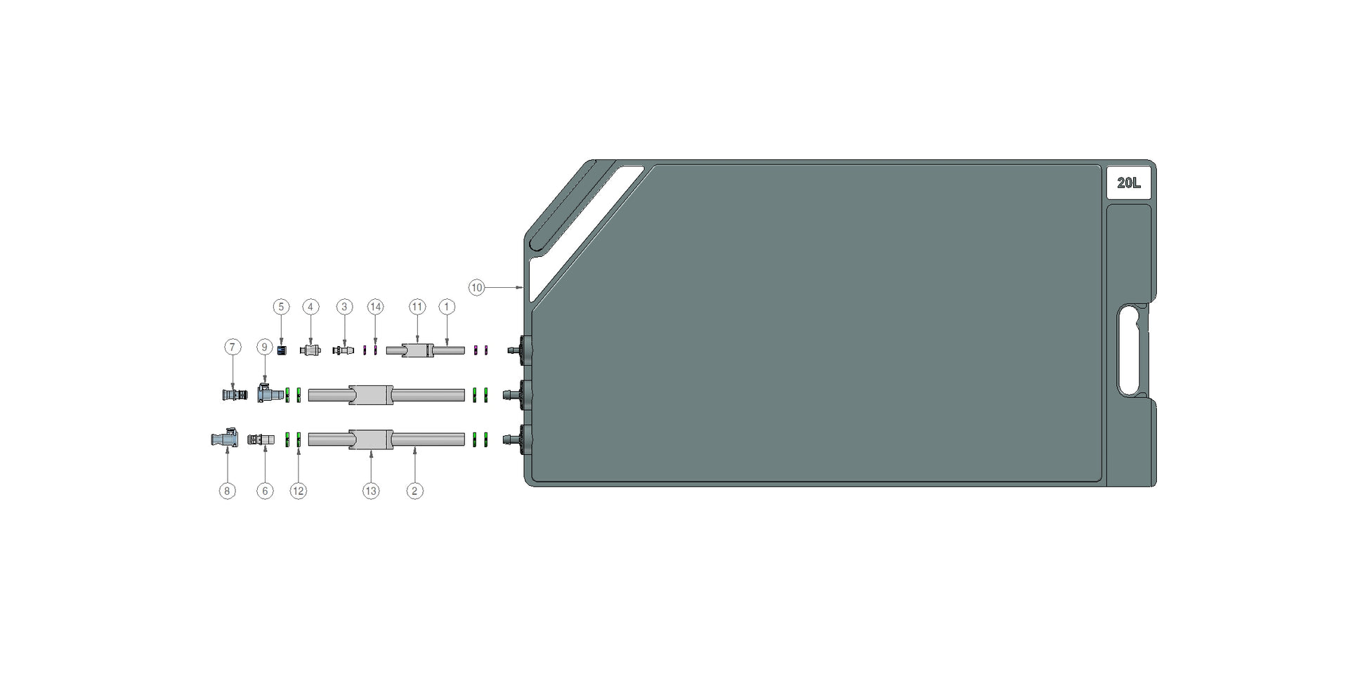 Graphic of IRIS single-use assembly with 20l 2D bag, mpc.