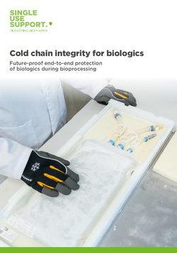 Operator handling biologics with gloves on a cold chain integrity system, featuring text about biologics protection.