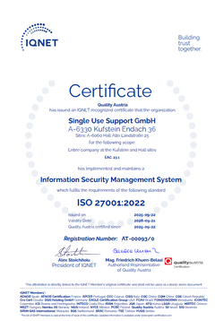 IQNET certificate ISO27001 Single Use Support