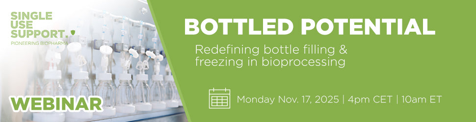 Promotional banner for a webinar on bottle filling and freezing in bioprocessing with text and images of people in a lab setting.