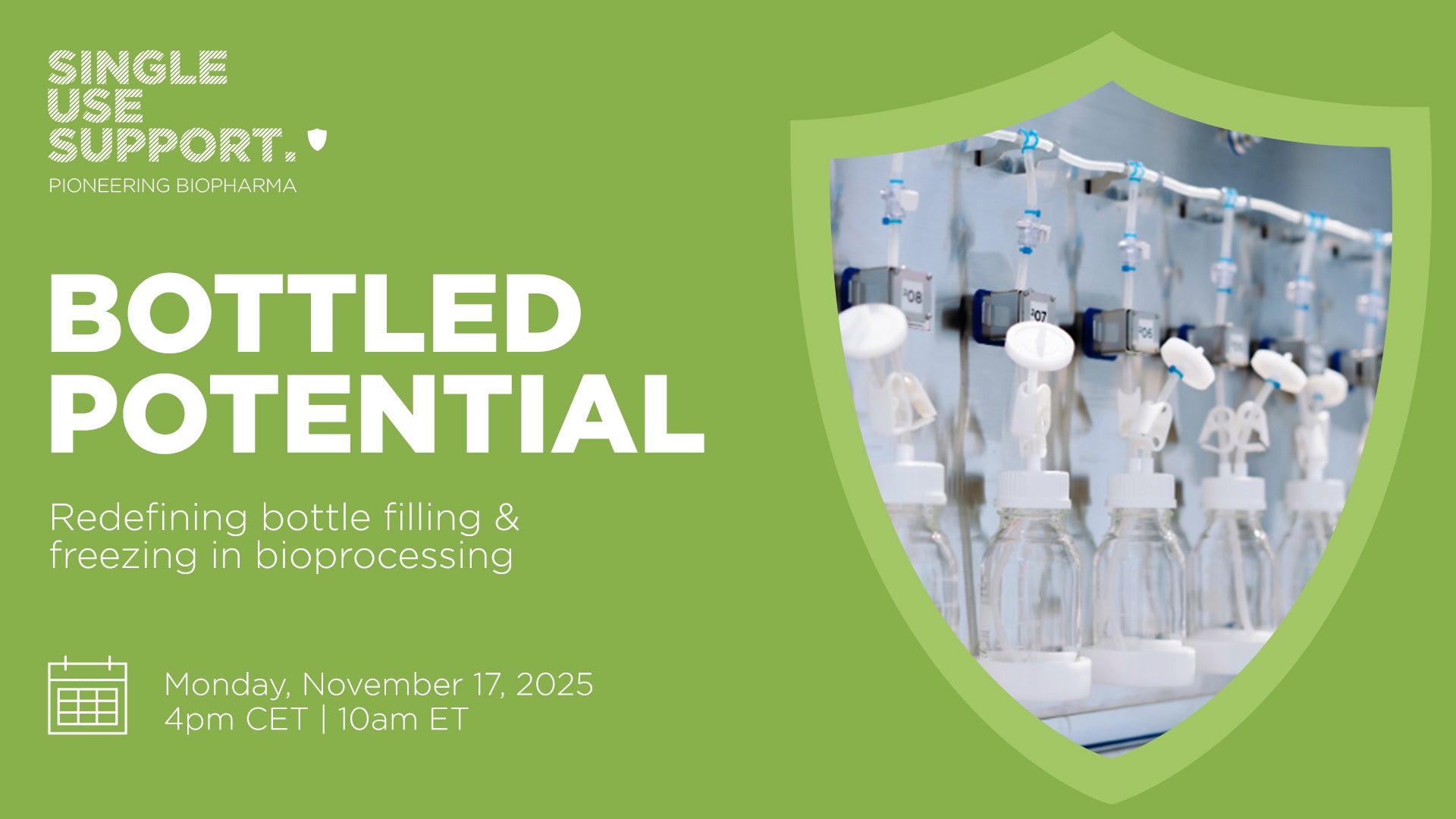 Promotional banner for a bioprocessing webinar with text and images of bottles.