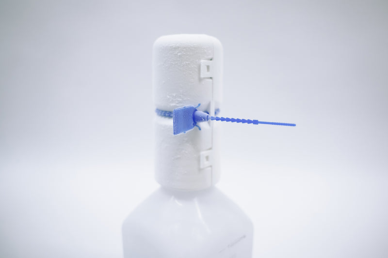 Close-up image of a frozen Bottle RoSS by Single Use Support, shown on a white background.