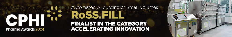 Promotional banner for CPHI Pharma Awards 2024 featuring RoSS.FILL automated aliquoting system of small volumes.
