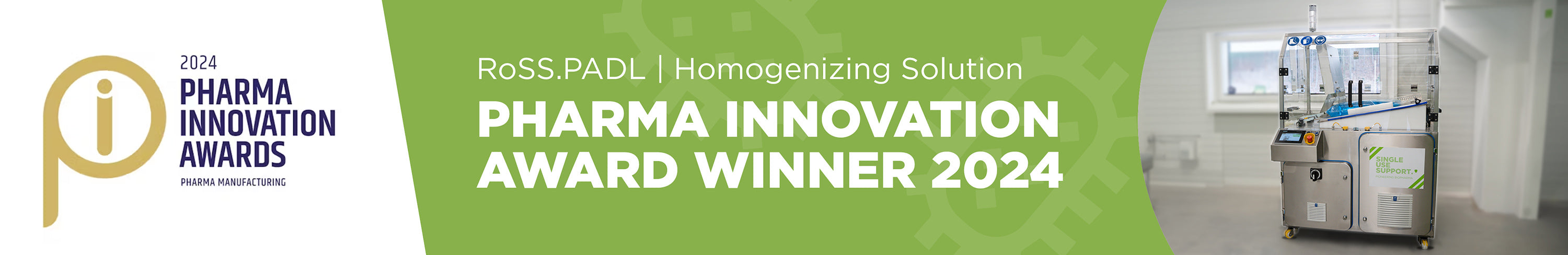 Banner of the Pharma Innovation Award winner representing RoSS.PADL - homogenizing system for single-use bags.