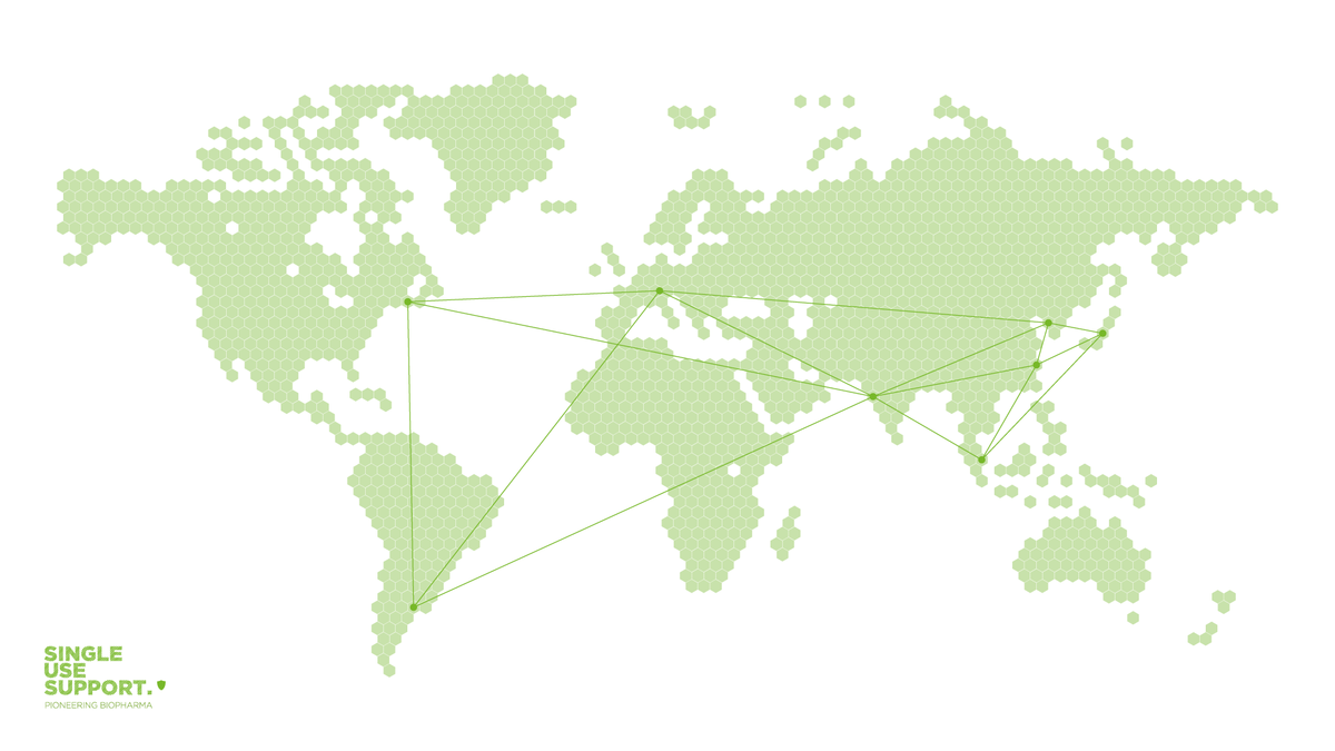 Green world map representing worldwide distribution network of Single Use Support. 