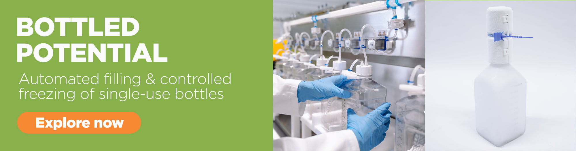 Advertisement for automated filling and controlled freezing of single-use bottles with laboratory setting and text overlay.