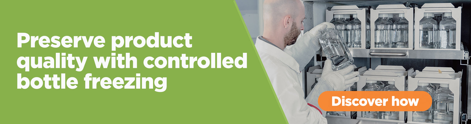 Controlled bottle freezing process banner with text overlay on a green background