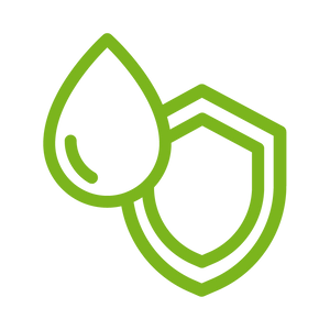 Green icon of a droplet and a protective shield on a transparent background demonstrating aseptic decoupling