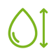 Green icon of a water droplet and an arrow on a transparent background demonstrating scalability
