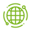 Green icon of a globe on a transparent background demonstrating a broad supplier network 