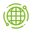 Green icon of a globe on a transparent background demonstrating a broad supplier network 