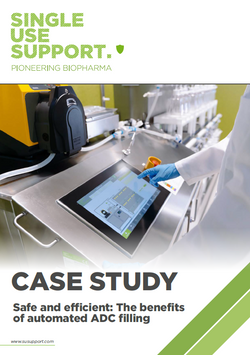 Case Study preview image with a person using an HMI in manufacturing setting, featuring text about Single Use Support and automated ADC filling.