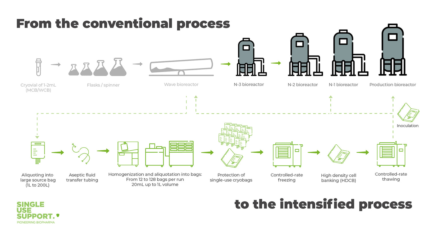 Diagram showing the one process solution for seed train intensification with different icons and labels.