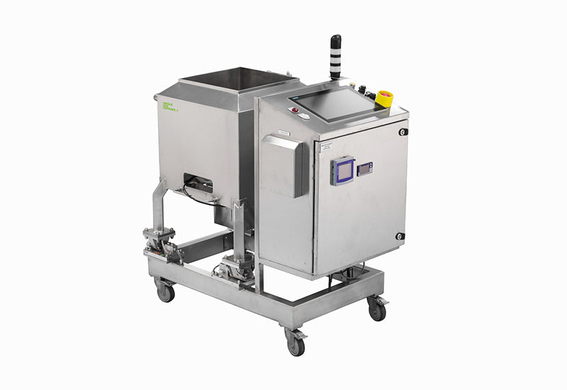 Stainless steel single-use mixer on wheels with control panel on a white background