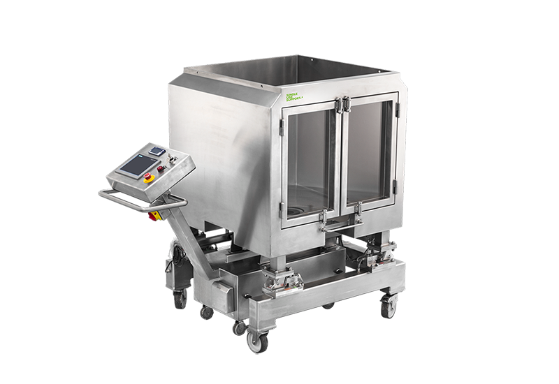 Stainless steel single-use mixer on wheels with control panel.