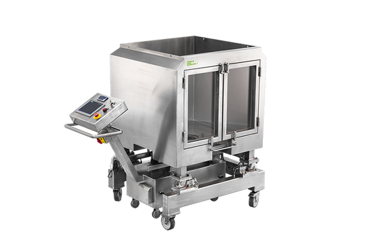 Stainless steel single-use mixer on wheels with control panel.