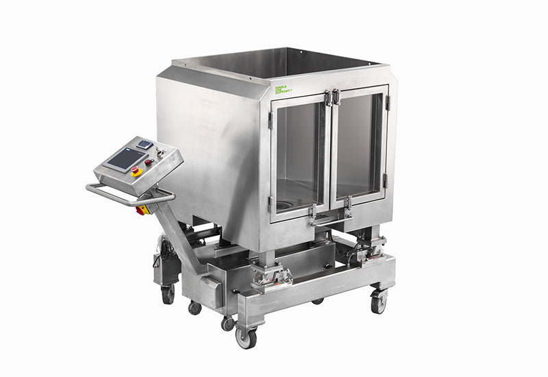 Standalone stainless steel single-use mixer on wheels with control panel on a white background