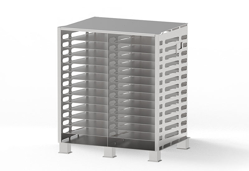 RoSS.RACK storage system for RoSS shells used in cell and gene therapy or high cell density cryopreservation on white background.