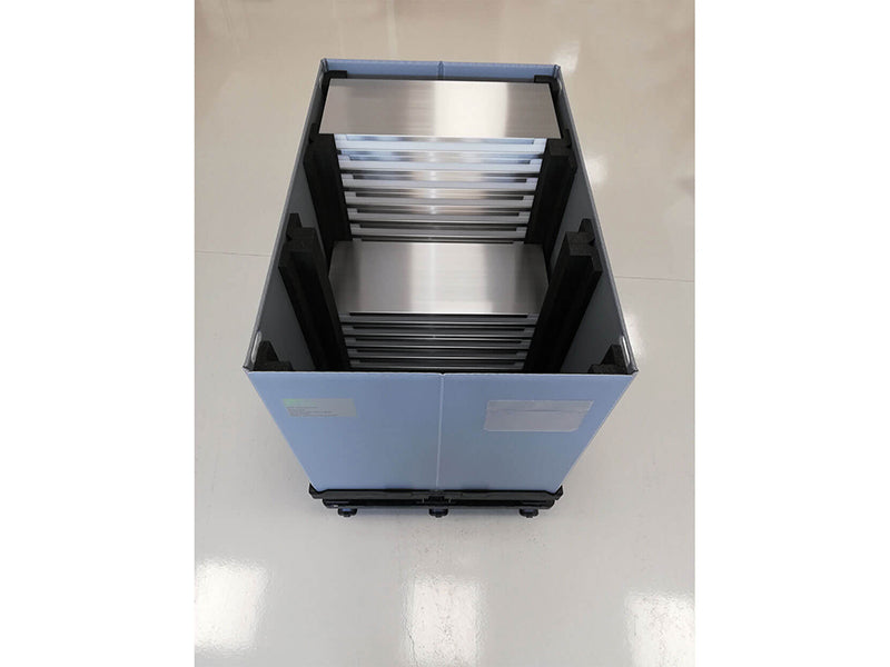 Top view of RoSS.RACK storage system filled with RoSS shells inside a container for biopharma transport.