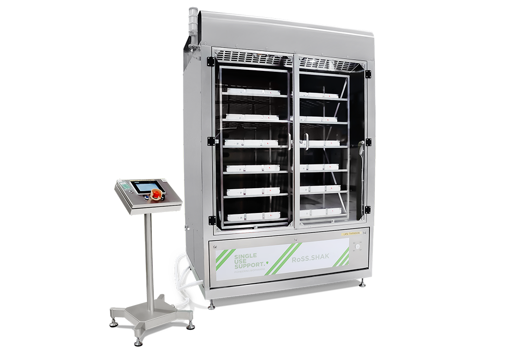 Image of RoSS.SHAK shaking and cooling solution on white background, for uniform mixture of biopharmaceutical drug substances by Single Use Support.