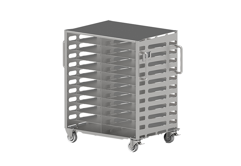 Stainless steel trolley for in-plant transport of RoSS shells in biopharmaceutical manufacturing on transparent background.