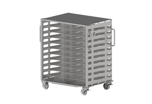 Stainless steel trolley for in-plant transport of RoSS shells in biopharmaceutical manufacturing on transparent background.