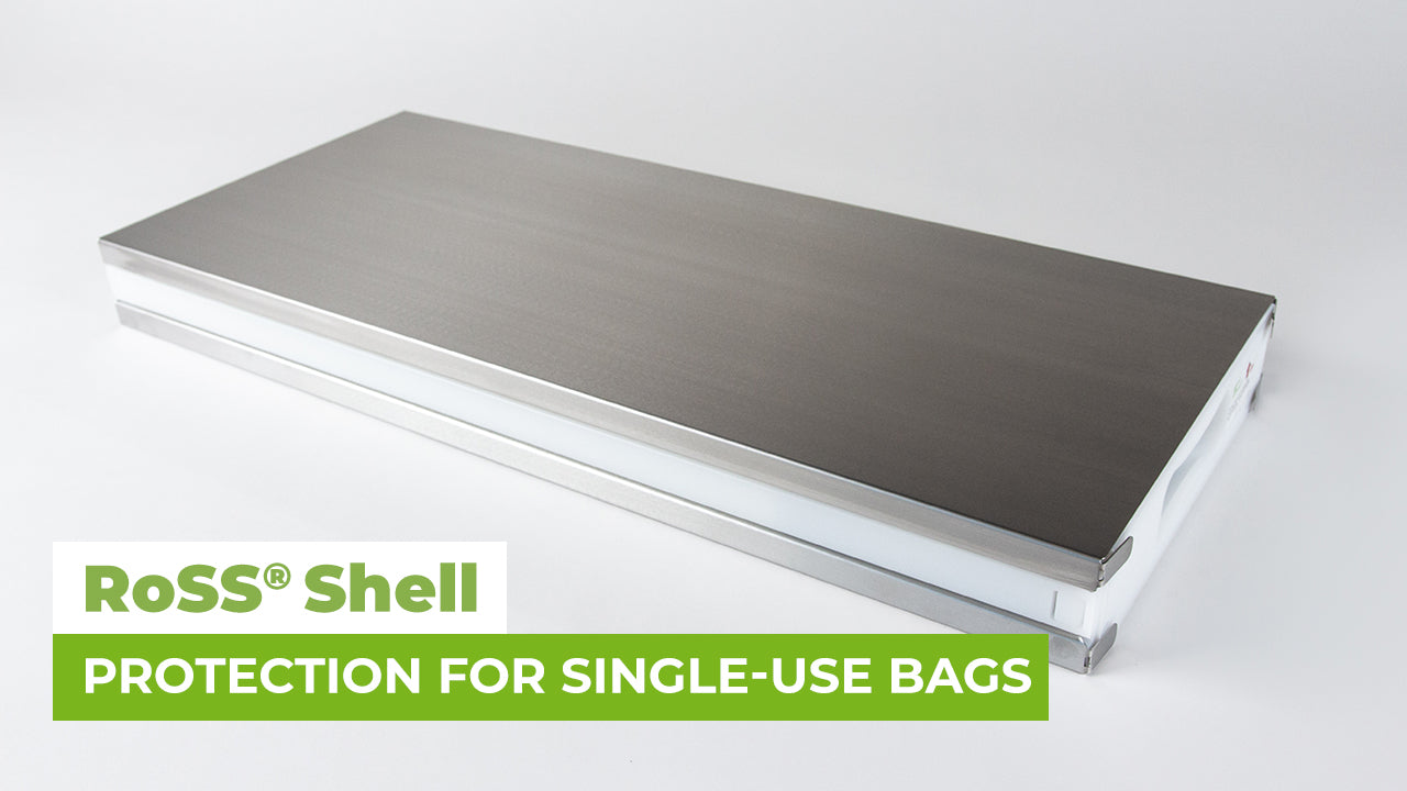 Load video: Product video of RoSS shell by Single Use Support, a robust storage and shipping solution for all single use bags.