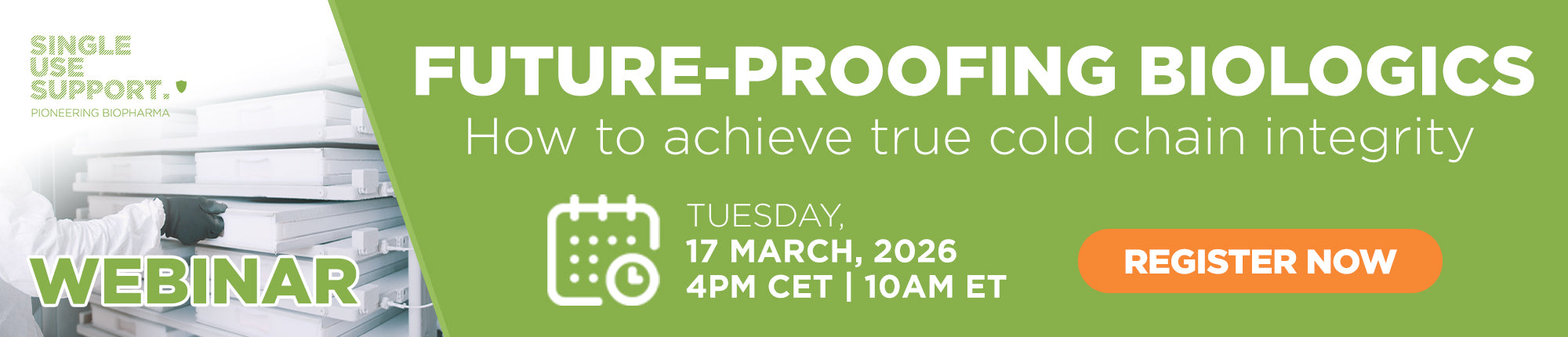 Promotional banner for a webinar on future-proofing biologics with text and dates.